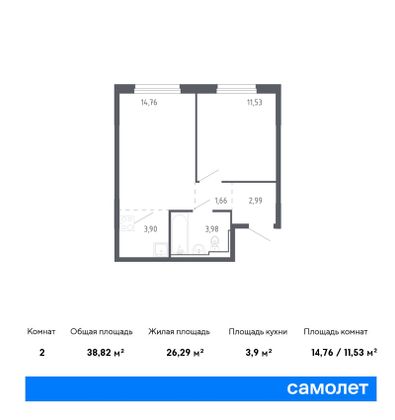 38,8 м², 1-комн. квартира, 15/17 этаж