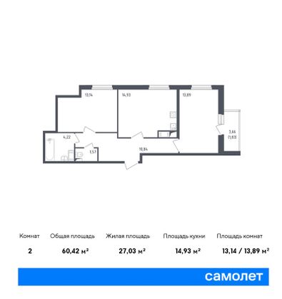 60,4 м², 2-комн. квартира, 3/8 этаж