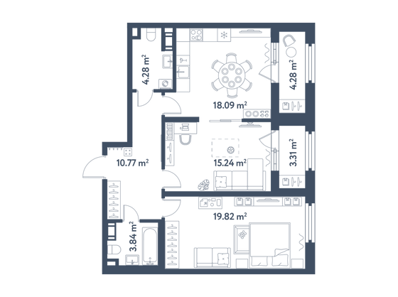 75,8 м², 2-комн. квартира, 7/11 этаж