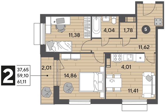 Продажа 2-комнатной квартиры 61,1 м², 2/9 этаж