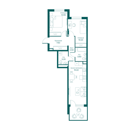 57 м², 3-комн. квартира, 1/6 этаж