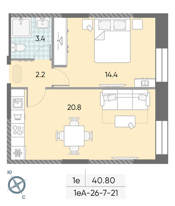 Продажа 1-комнатной квартиры 40,8 м², 20/28 этаж