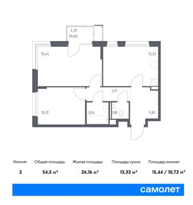 54,5 м², 2-комн. квартира, 10/12 этаж