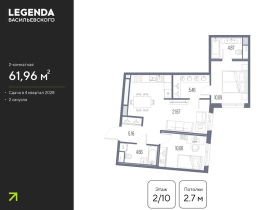 62 м², 2-комн. квартира, 2/10 этаж