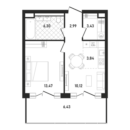 46,6 м², 2-комн. квартира, 28/33 этаж