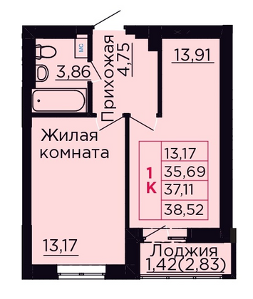 37,1 м², 1-комн. квартира, 6/9 этаж