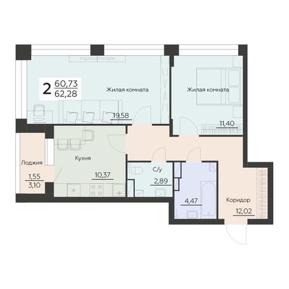 Продажа 2-комнатной квартиры 62,3 м², 9 этаж