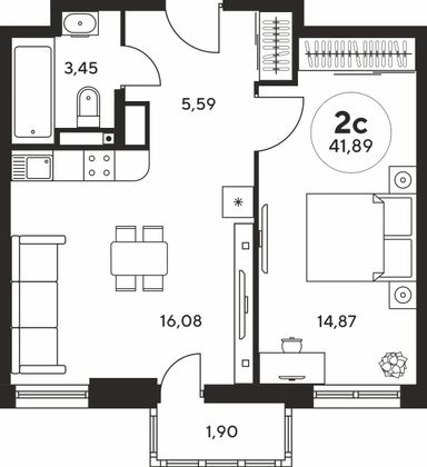 41,8 м², 2-комн. квартира, 16 этаж
