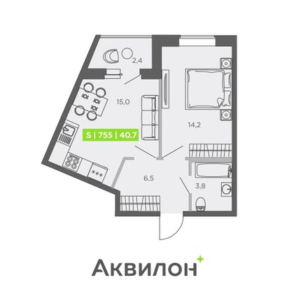 40,7 м², 1-комн. квартира, 1/13 этаж