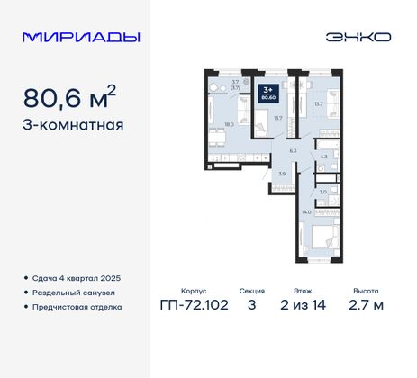 80,6 м², 3-комн. квартира, 2/14 этаж