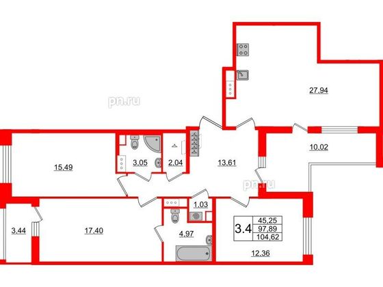 Продажа 3-комнатной квартиры 97,9 м², 2/12 этаж