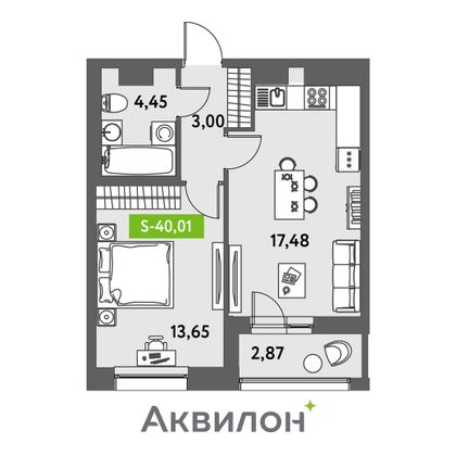 40 м², 1-комн. квартира, 8/12 этаж