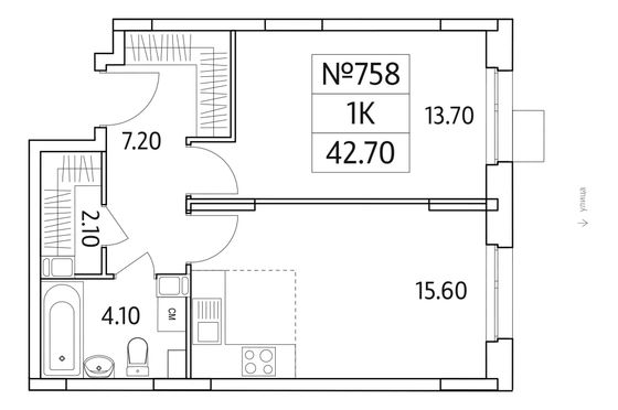 Продажа 1-комнатной квартиры 42,7 м², 5/25 этаж