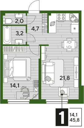 Продажа 1-комнатной квартиры 45,8 м², 2/16 этаж