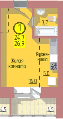 Продажа квартиры-студии 26,6 м², 7/12 этаж