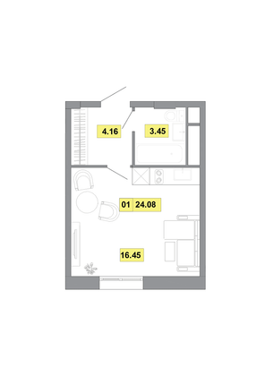 24,1 м², 1-комн. квартира, 9 этаж