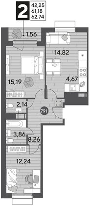 Продажа 2-комнатной квартиры 62,7 м², 6/12 этаж