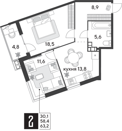 Продажа 2-комнатной квартиры 63,2 м², 9/18 этаж