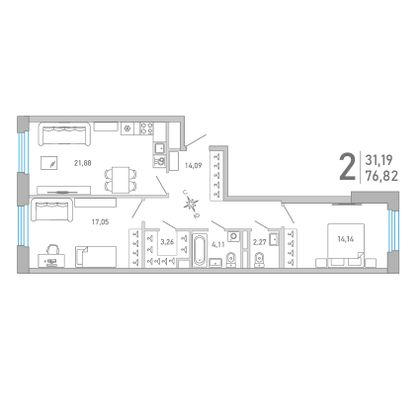 76,8 м², 2-комн. квартира, 3/10 этаж