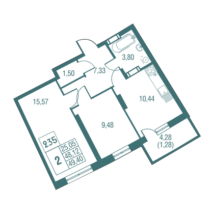 Продажа 2-комнатной квартиры 49,4 м², 24/25 этаж