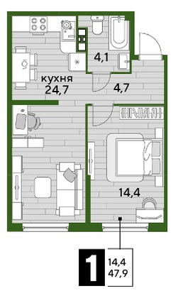 Продажа 1-комнатной квартиры 47,9 м², 7/16 этаж