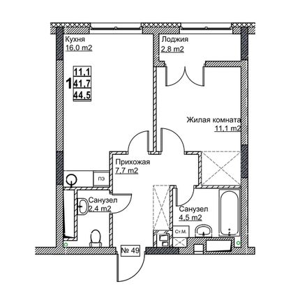 Продажа 1-комнатной квартиры 44,5 м², 6/24 этаж