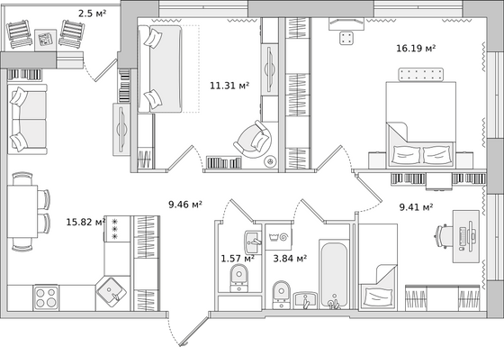 67,2 м², 3-комн. квартира, 13/15 этаж