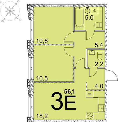 56,1 м², 2-комн. квартира, 16 этаж