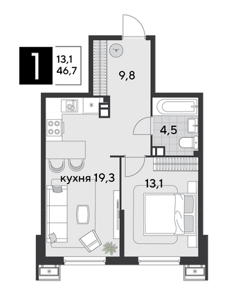 Продажа 1-комнатной квартиры 46,7 м², 5/9 этаж