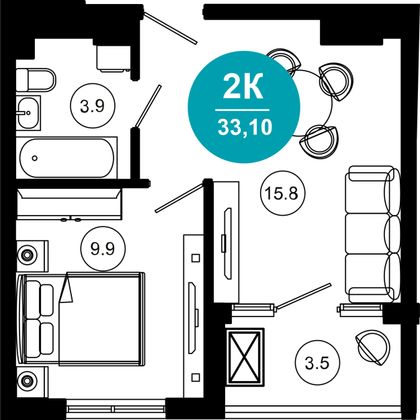 33,1 м², 2-комн. квартира, 8/10 этаж