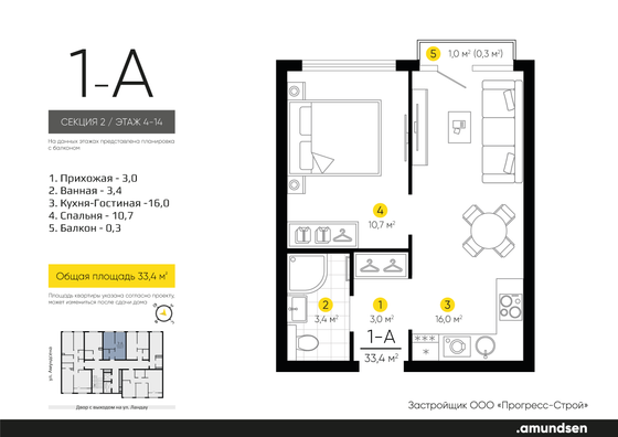 33,3 м², 1-комн. квартира, 4/14 этаж