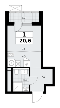 20,6 м², 1-комн. квартира, 16/16 этаж