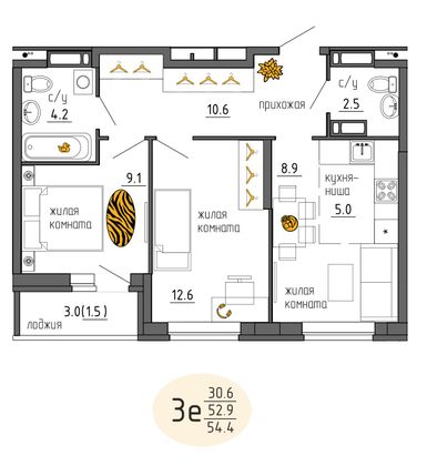 54,4 м², 3-комн. квартира, 2/25 этаж