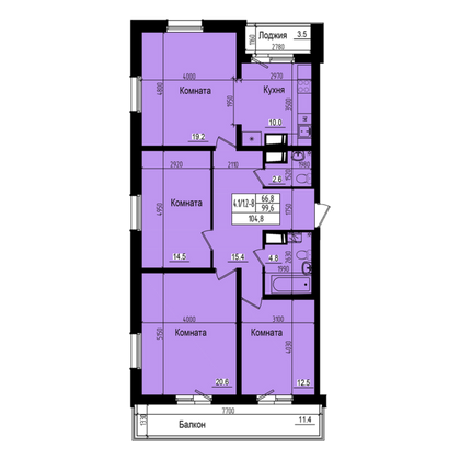 104,8 м², 4-комн. квартира, 2/23 этаж