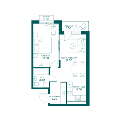 44,6 м², 2-комн. квартира, 6/6 этаж