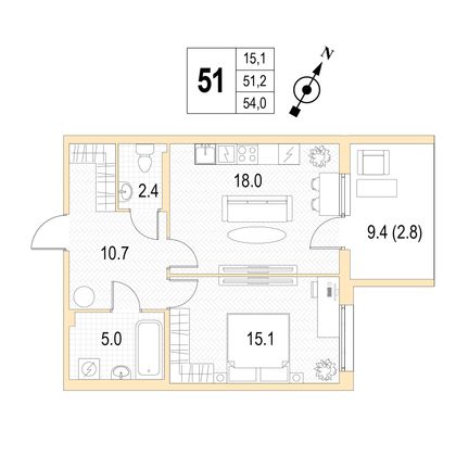 Продажа 1-комнатной квартиры 54 м², 4/4 этаж
