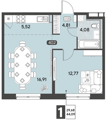 Продажа 2-комнатной квартиры 44,1 м², 4/21 этаж