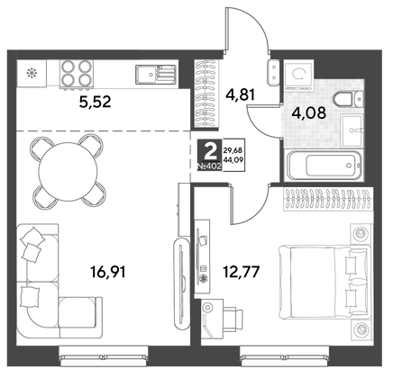 Продажа 2-комнатной квартиры 44,1 м², 4/21 этаж