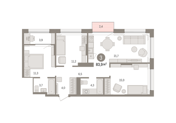 83,9 м², 3-комн. квартира, 14/17 этаж