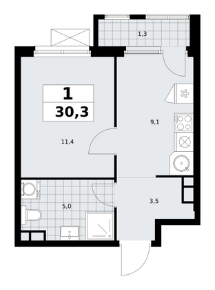 30,3 м², 1-комн. квартира, 9/30 этаж