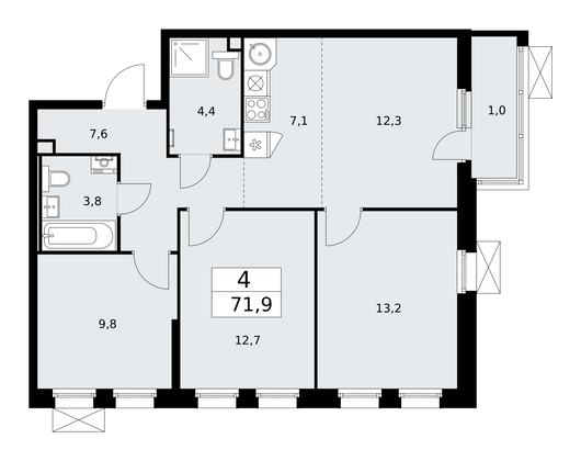 71,9 м², 4-комн. квартира, 2/14 этаж