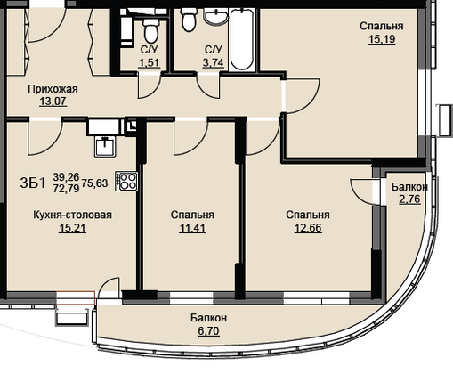 Продажа 3-комнатной квартиры 75,6 м², 8/17 этаж