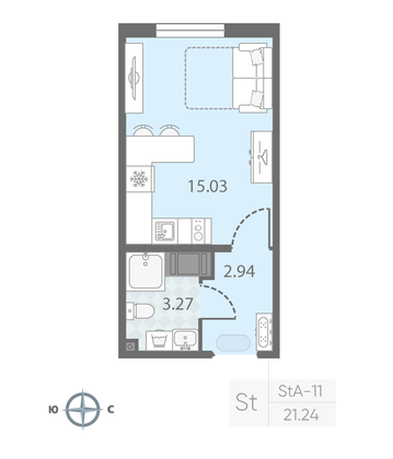 Продажа квартиры-студии 21,2 м², 9/23 этаж
