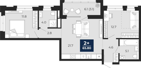 65,8 м², 2-комн. квартира, 6/19 этаж