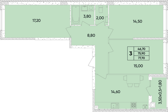 77,7 м², 3-комн. квартира, 2/8 этаж