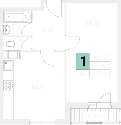 Продажа 1-комнатной квартиры 43,1 м², 3/9 этаж