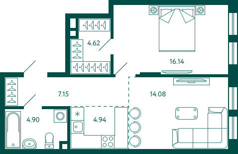 51,8 м², 1-комн. квартира, 2/18 этаж