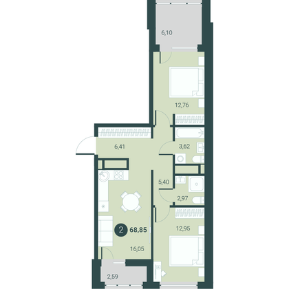 68,8 м², 2-комн. квартира, 11/10 этаж