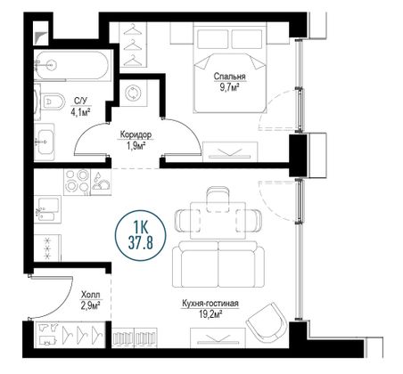 Продажа 1-комнатной квартиры 37,8 м², 28/30 этаж