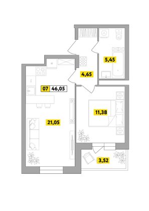 46 м², 2-комн. квартира, 6 этаж